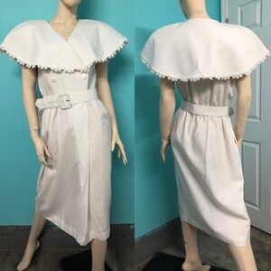 VTG 80s White Linen Dbl Breasted Short Dolman Sleeve @Knee Dress HUGE Collar! L